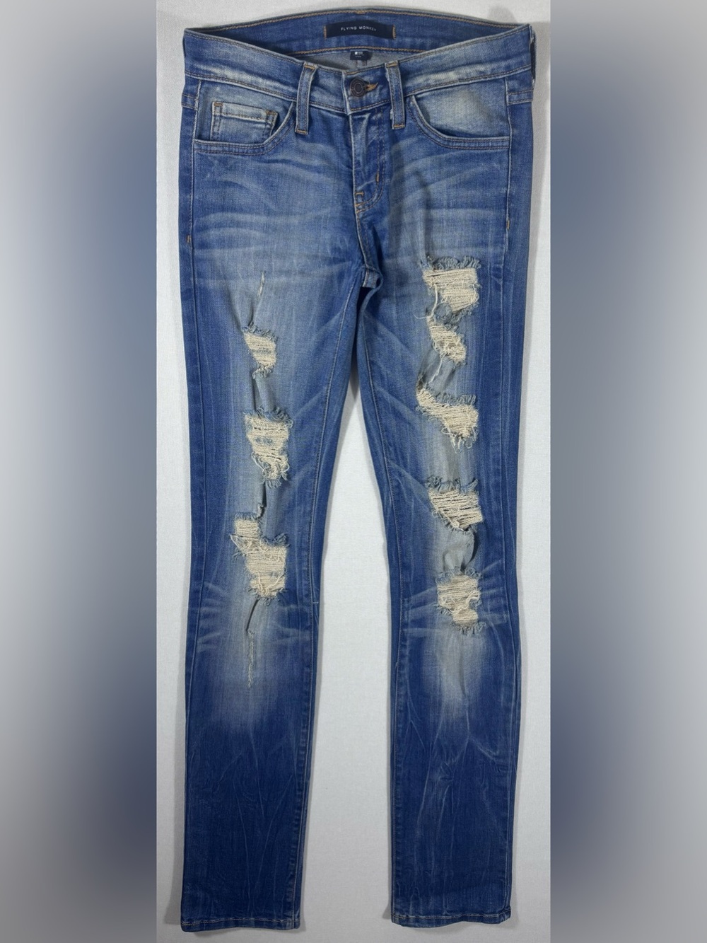 Flying Monkey Low Rise Straight Jeans Women 24 Distressed Blue Made USA